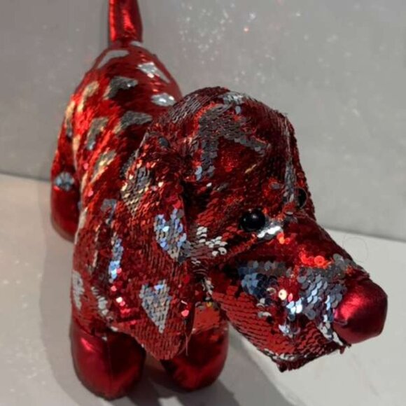 Dandee Sequin Dachshund Plush Stuffed Toys Red & Silver Heart Design Size 15"x17 - Picture 8 of 10